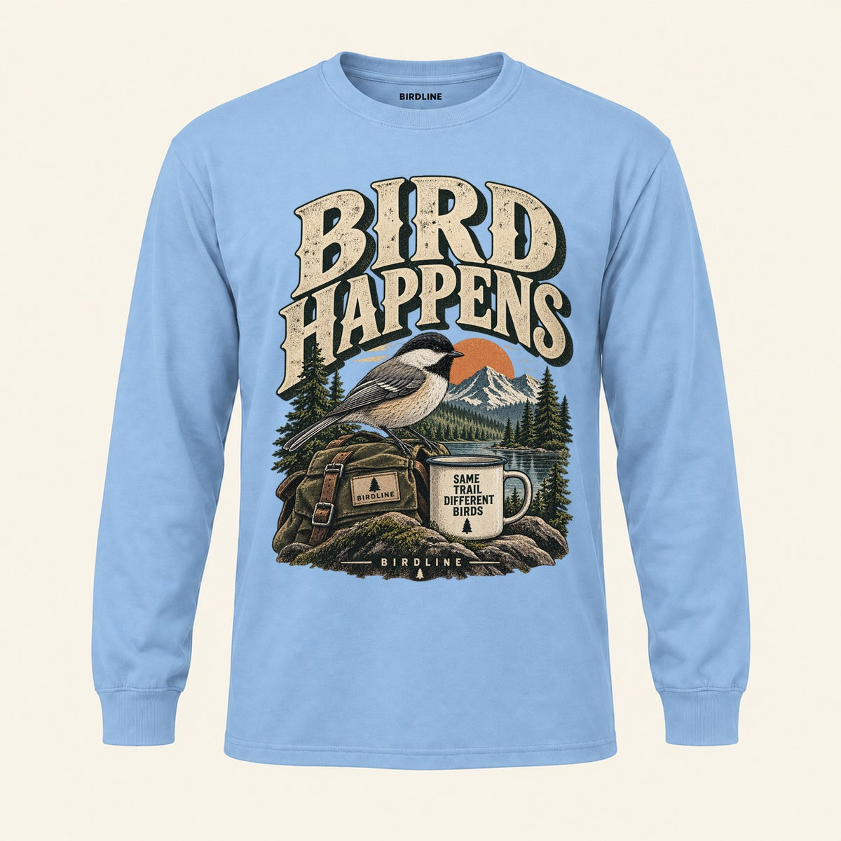 Bird Happens Long Sleeve Shirt in Light Blue, front view