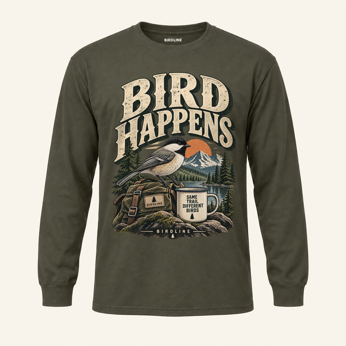 Bird Happens Long Sleeve Shirt in Military Green, front view