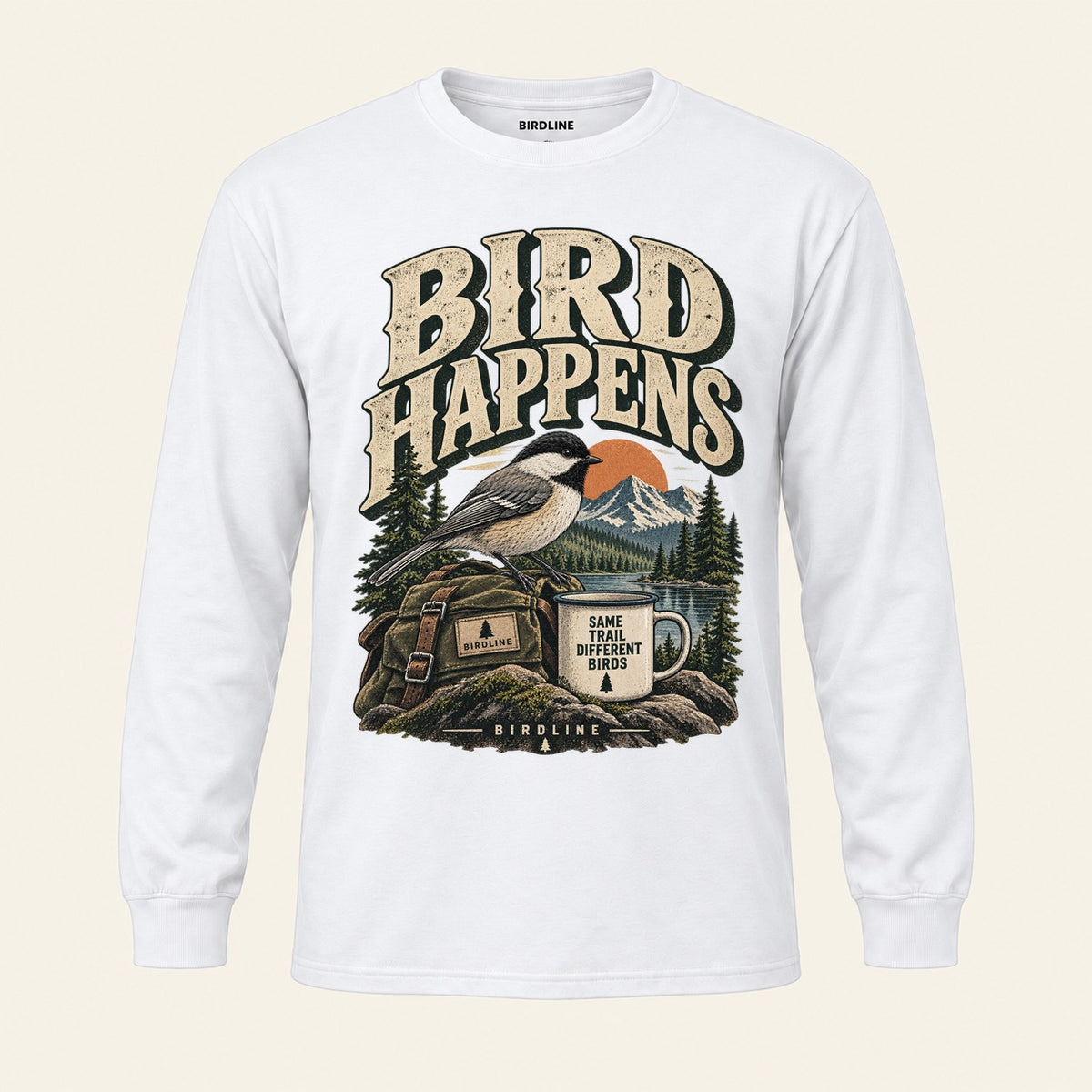 Bird Happens Long Sleeve Shirt in White, front view