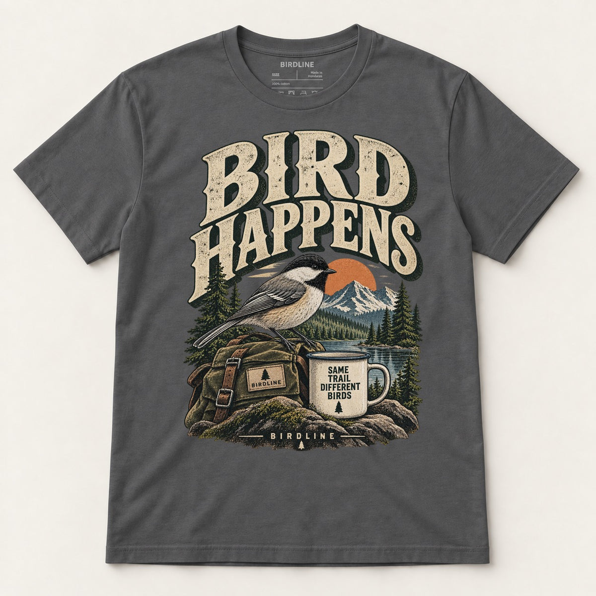 Bird Happens T-Shirt in Charcoal, front view