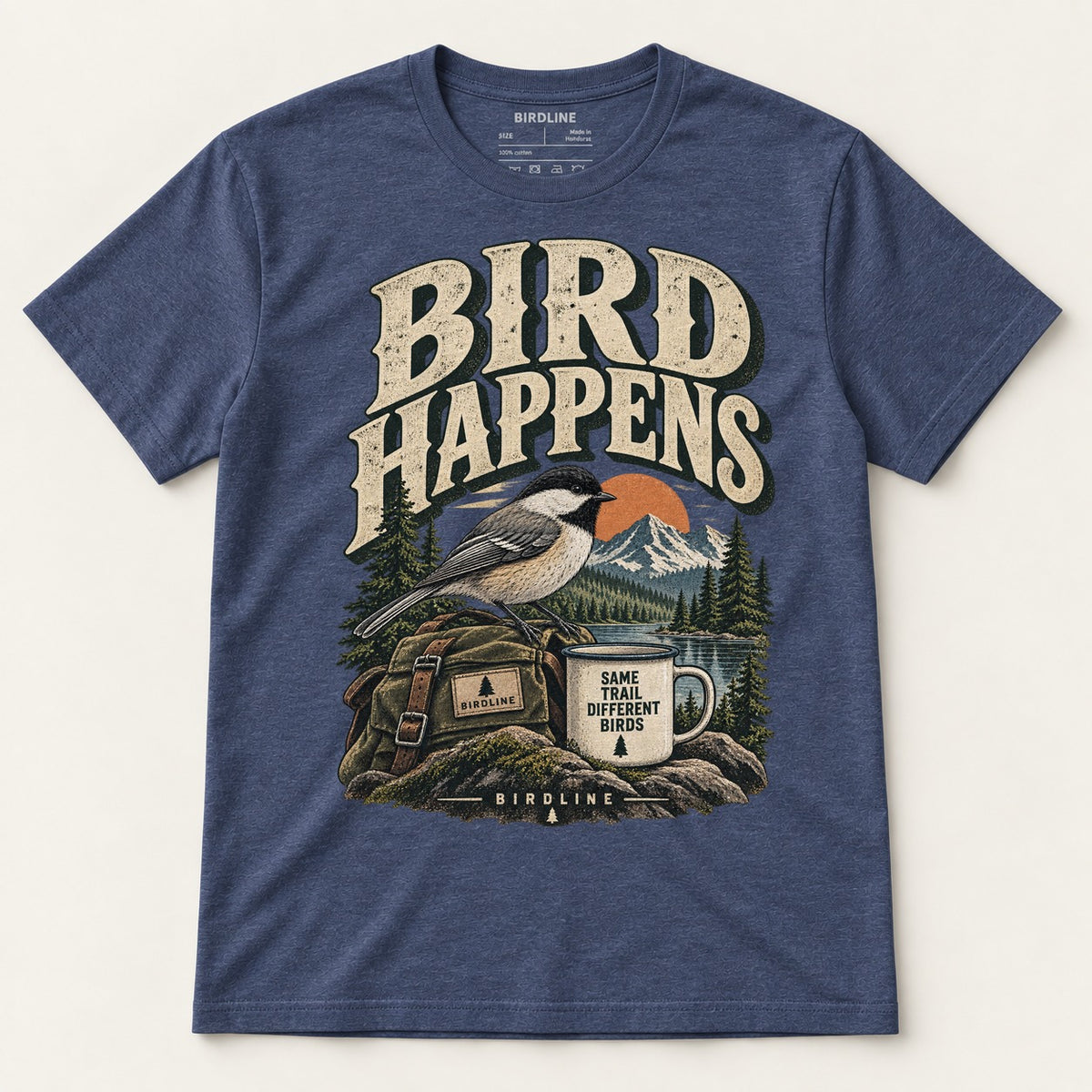 Bird Happens T-Shirt in Heather Navy, front view