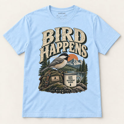 Bird Happens T-Shirt in Light Blue, front view