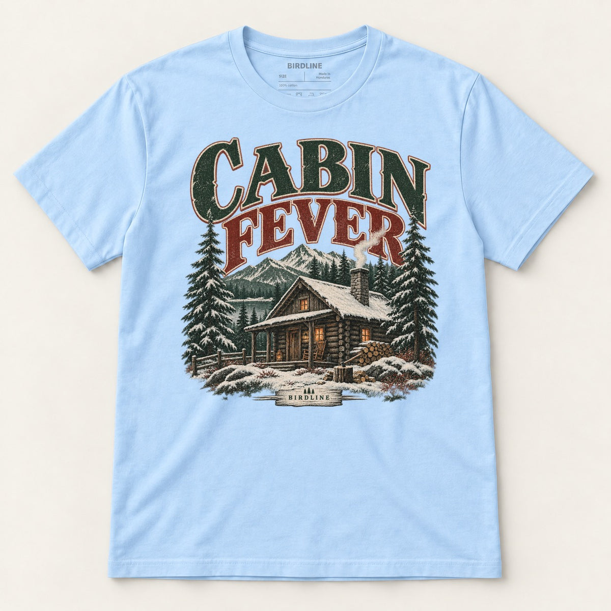 Cabin Fever T-Shirt in Light Blue, front view premium-quality garment detail