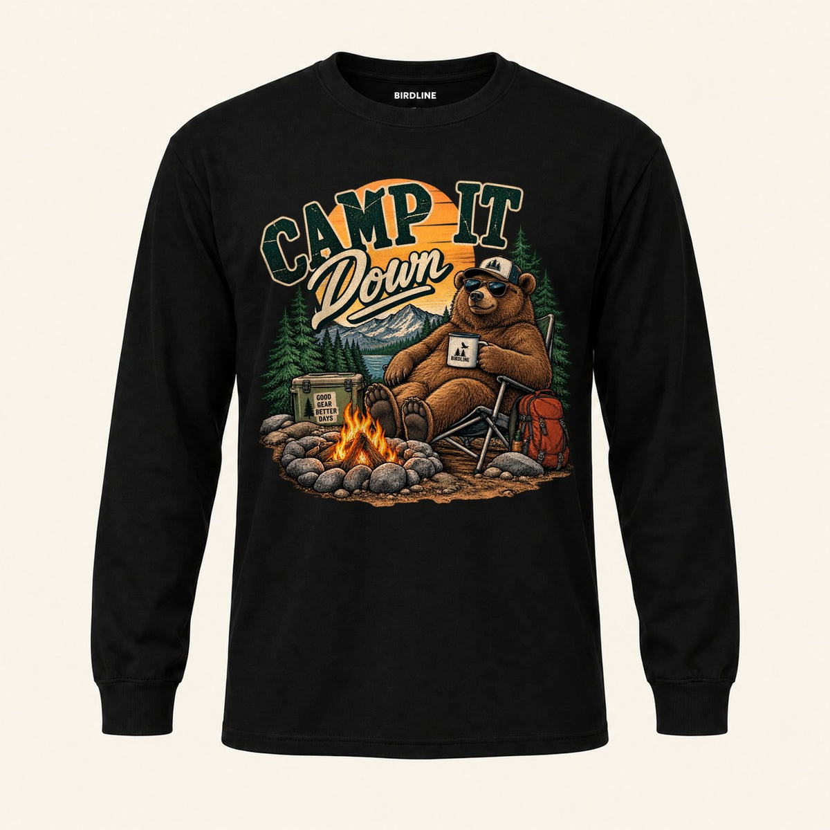 Camp It Down Campfire Bear Long Sleeve Shirt in Black, front view