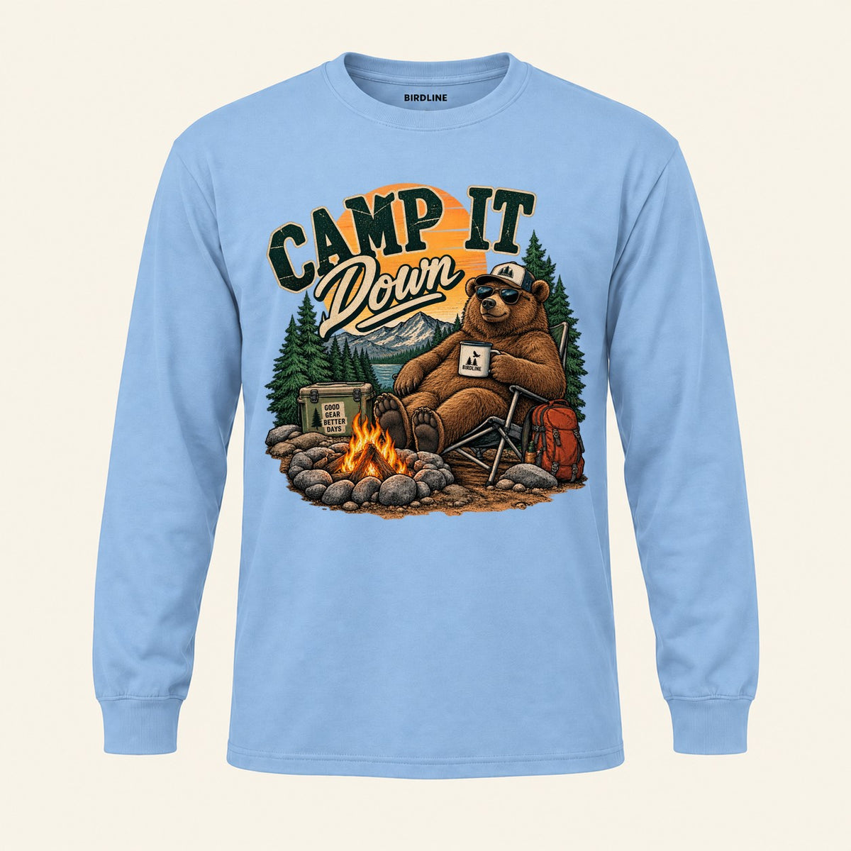 Camp It Down Campfire Bear Long Sleeve Shirt in Light Blue, front view