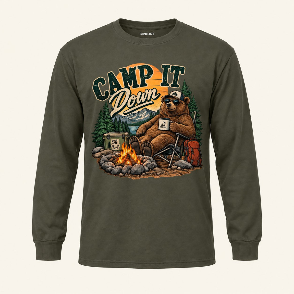 Camp It Down Campfire Bear Long Sleeve Shirt in Military Green, front view