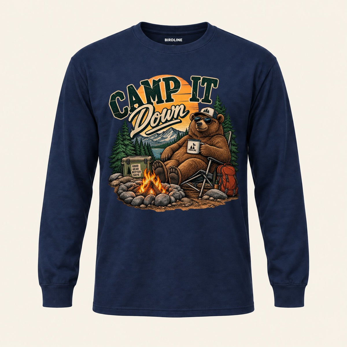 Camp It Down Campfire Bear Long Sleeve Shirt in Navy, front view