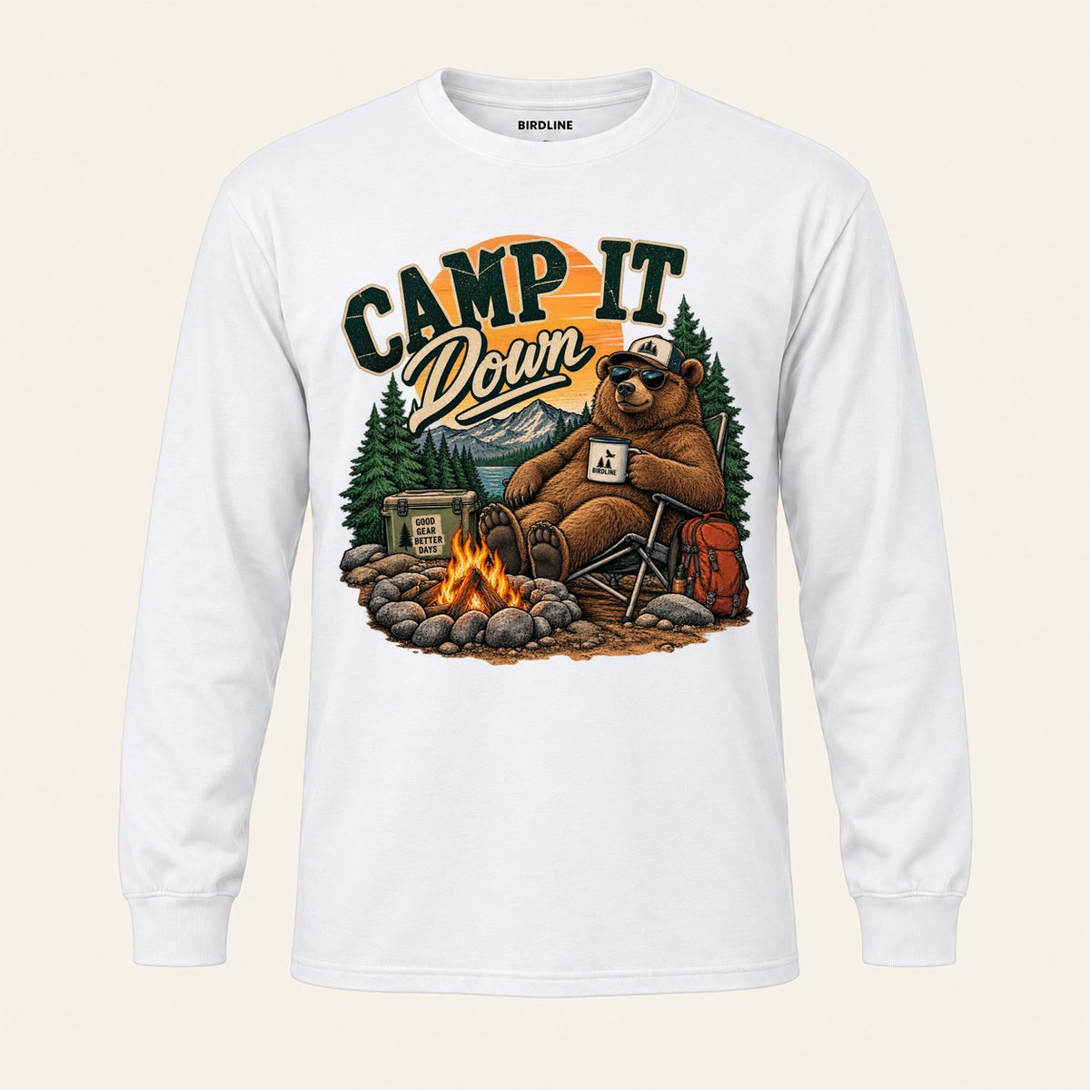 Camp It Down Campfire Bear Long Sleeve Shirt in White, front view