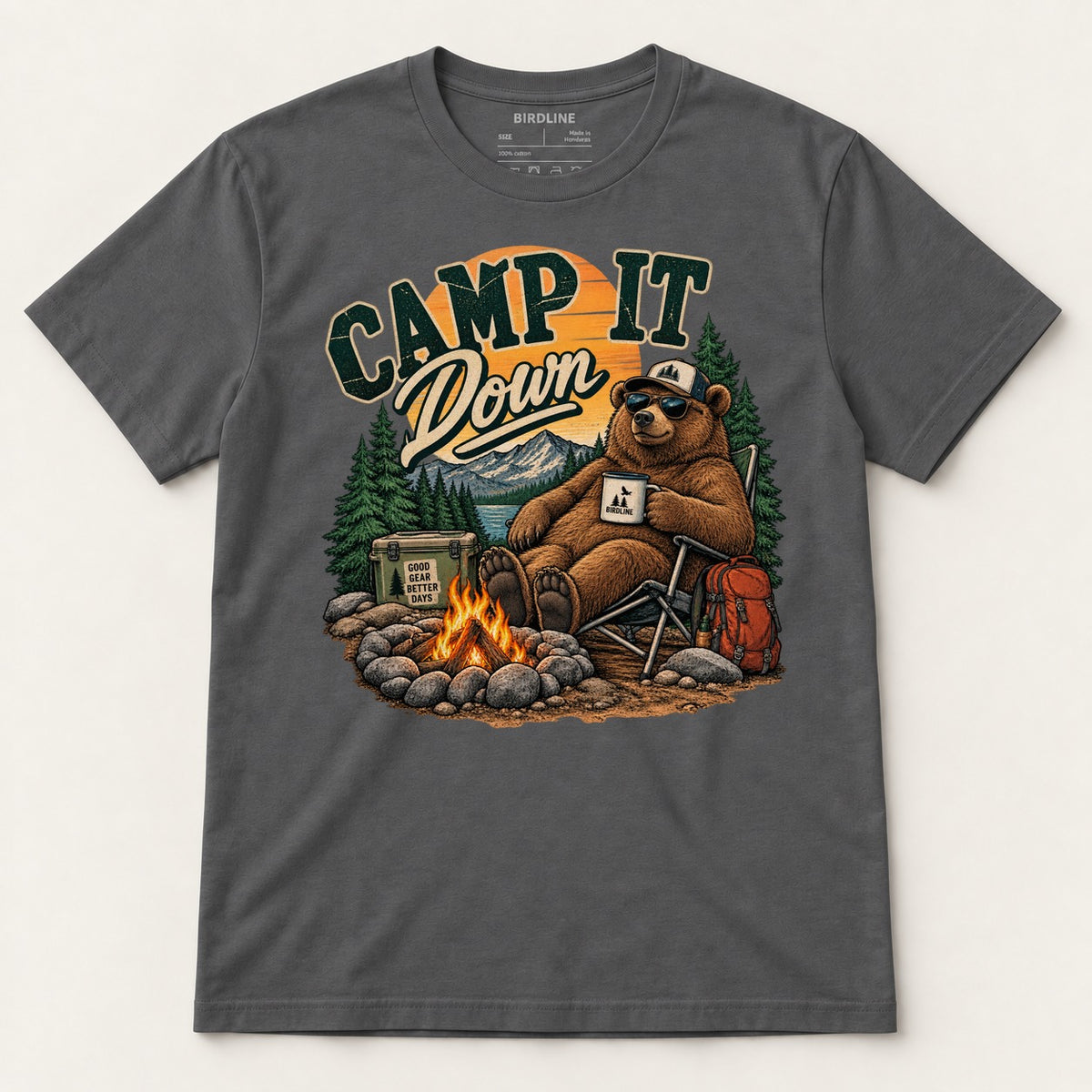 Camp It Down Campfire Bear T-Shirt in Charcoal, front view