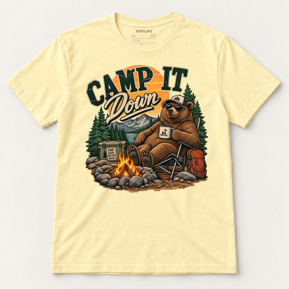 Camp It Down Campfire Bear T-Shirt in Cornsilk, front view