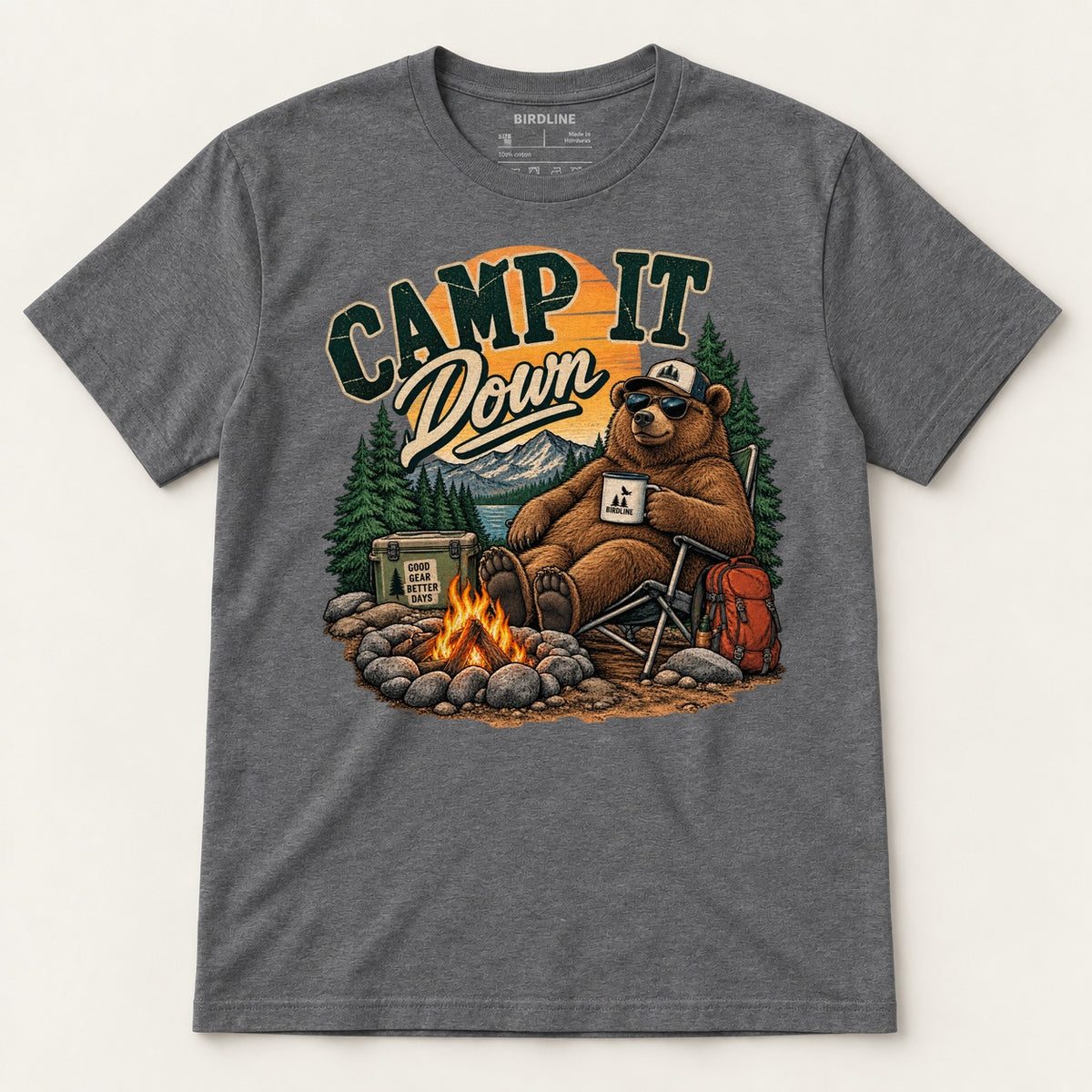 Camp It Down Campfire Bear T-Shirt in Dark Heather, front view premium-quality garment detail
