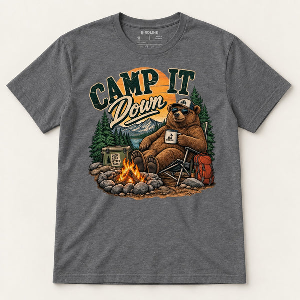 Camp It Down Campfire Bear T-Shirt in Dark Heather, front view