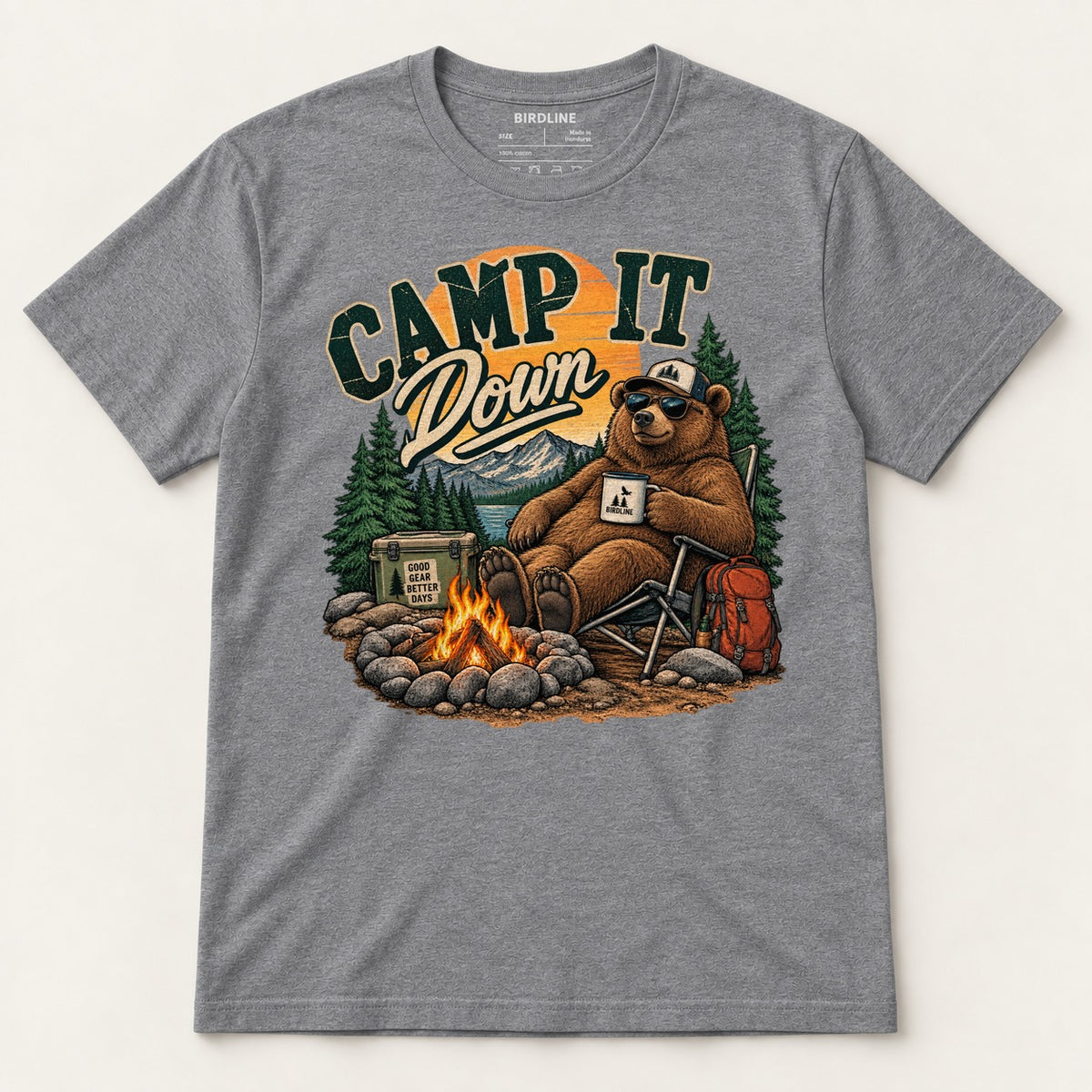 Camp It Down Campfire Bear T-Shirt in Graphite Heather, front view