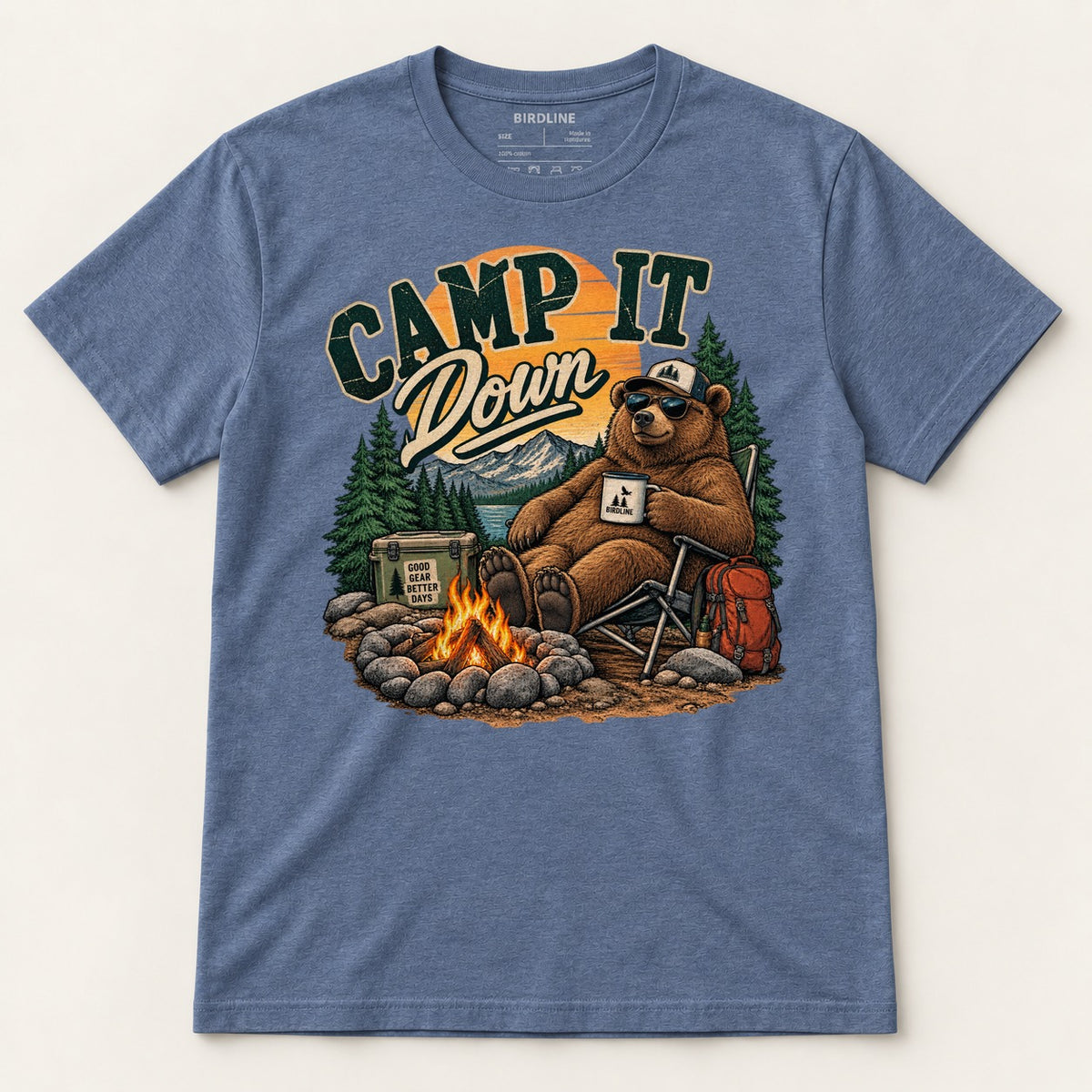 Camp It Down Campfire Bear T-Shirt in Heather Indigo, front view