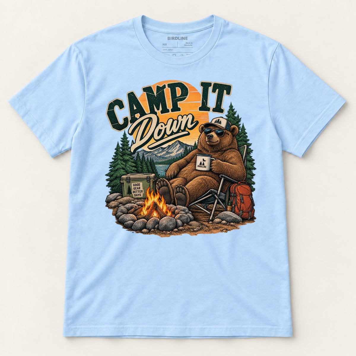 Camp It Down Campfire Bear T-Shirt in Light Blue, front view