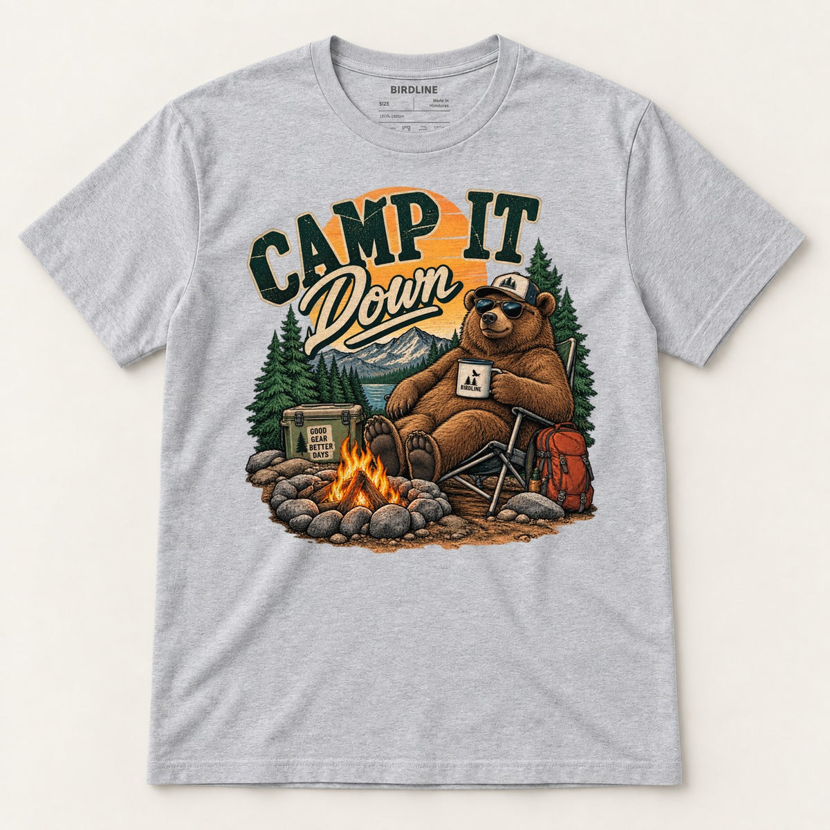 Camp It Down Campfire Bear T-Shirt in Sport Grey, front view