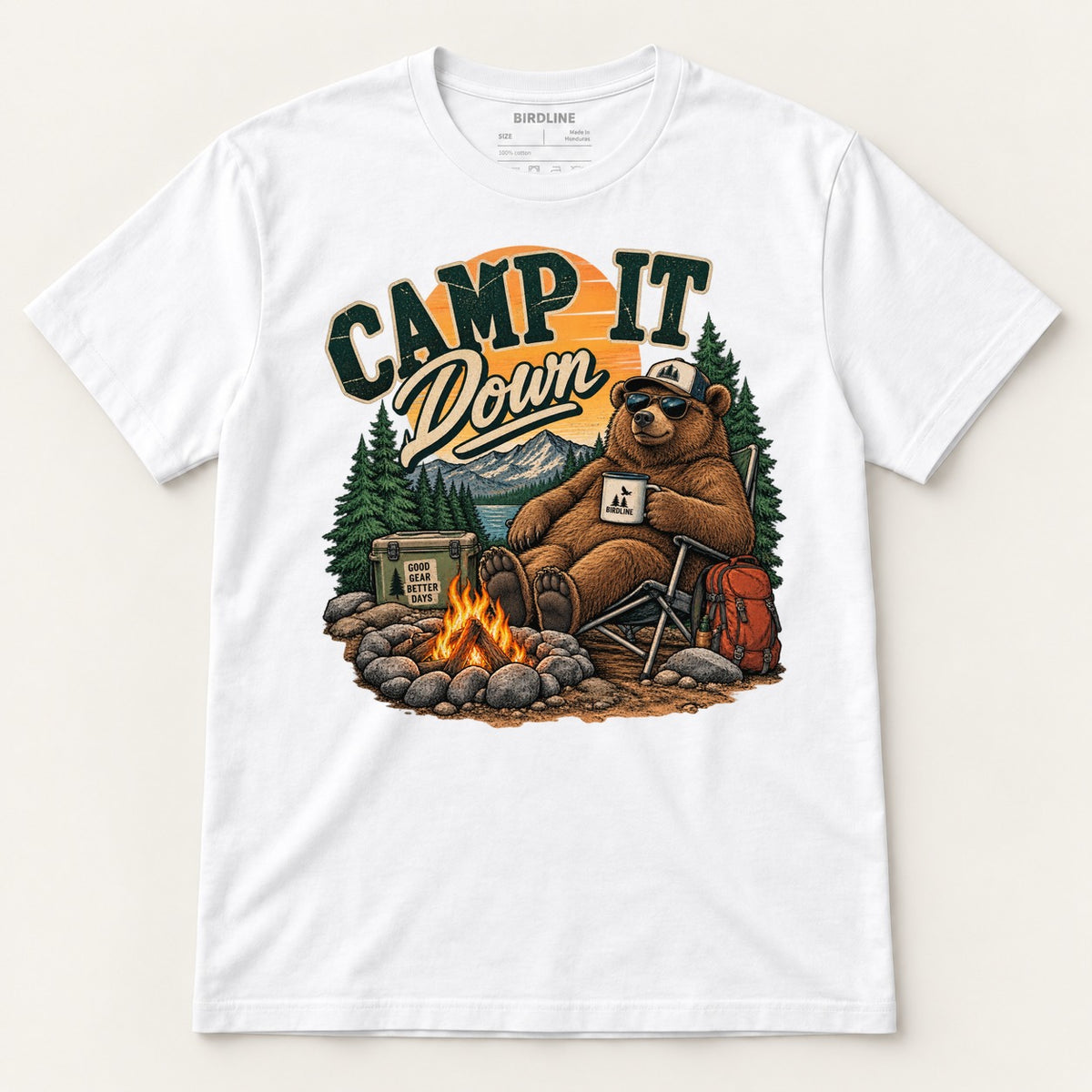 Camp It Down Campfire Bear T-Shirt in White, front view
