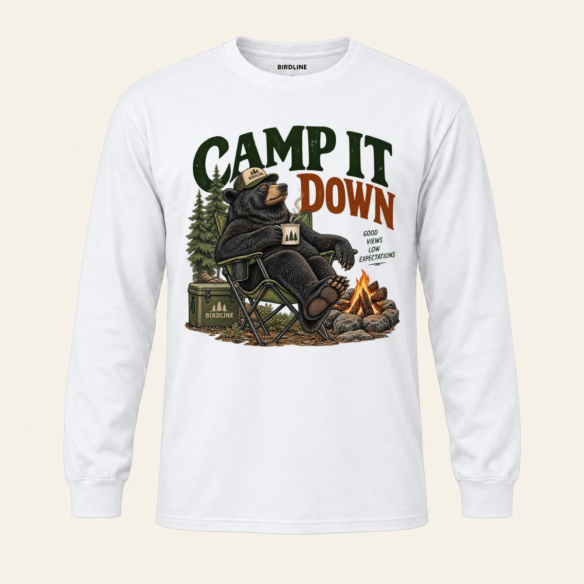 Camp It Down Long Sleeve Shirt in White, front view