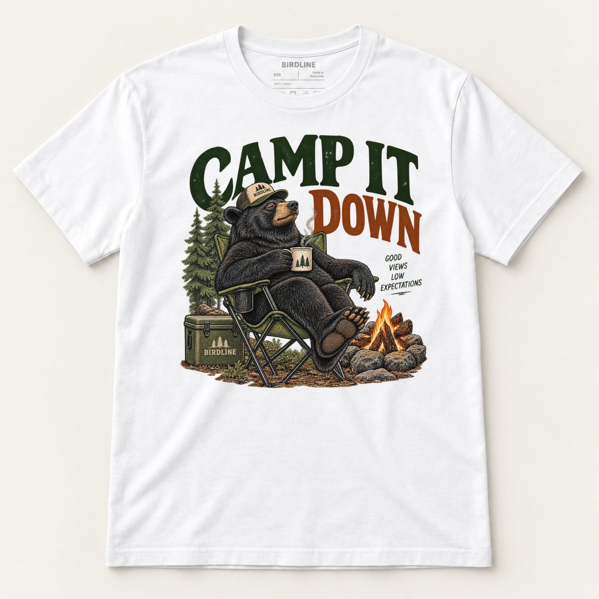 Camp It Down T-Shirt in White, front view