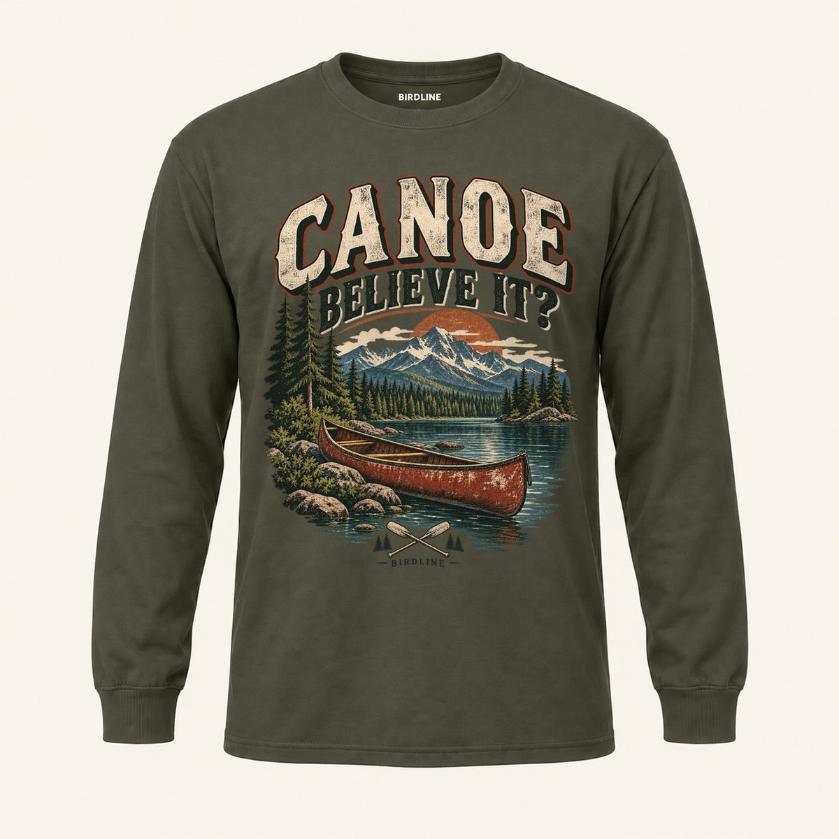 Canoe Believe It Long Sleeve Shirt in Military Green, front view