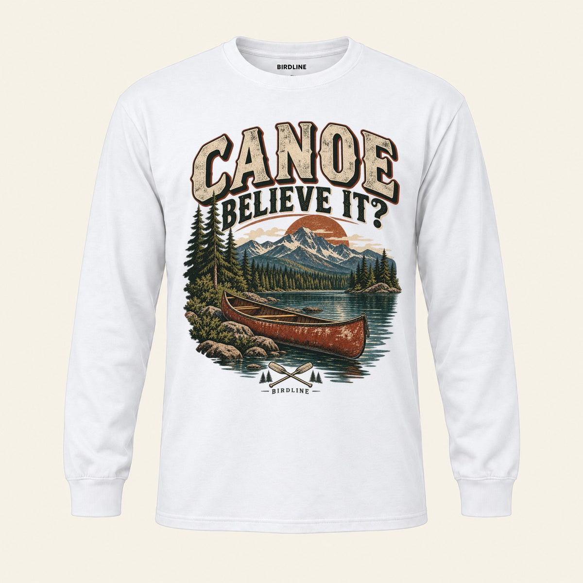 Canoe Believe It Long Sleeve Shirt in White, front view