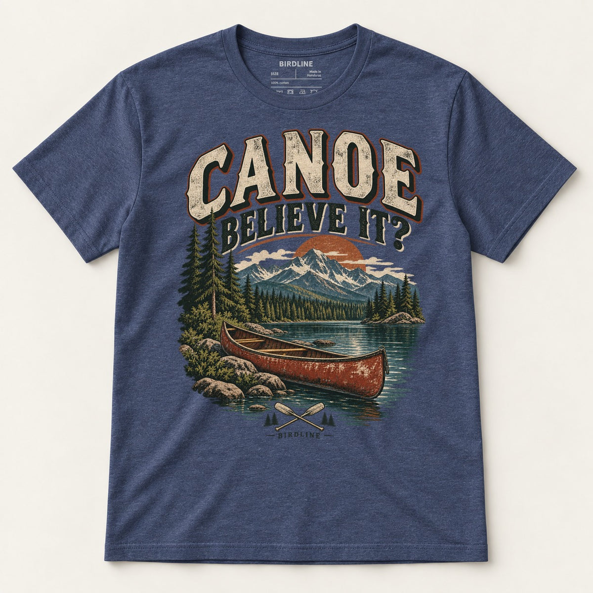 Canoe Believe It T-Shirt in Heather Navy, front view