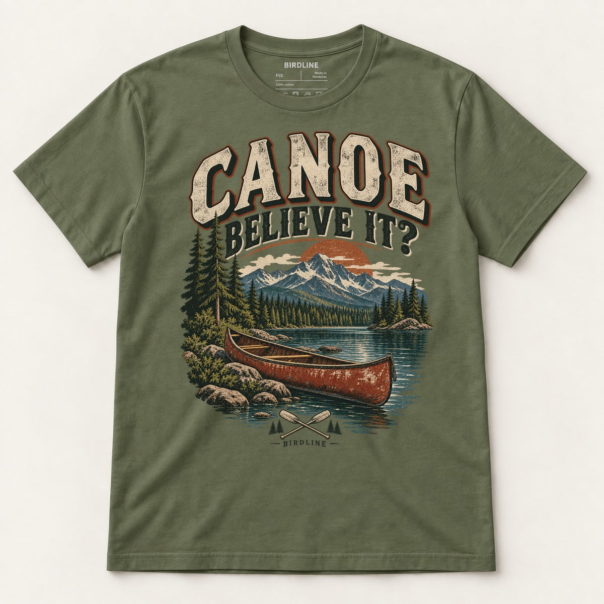 Canoe Believe It T-Shirt in Military Green, front view