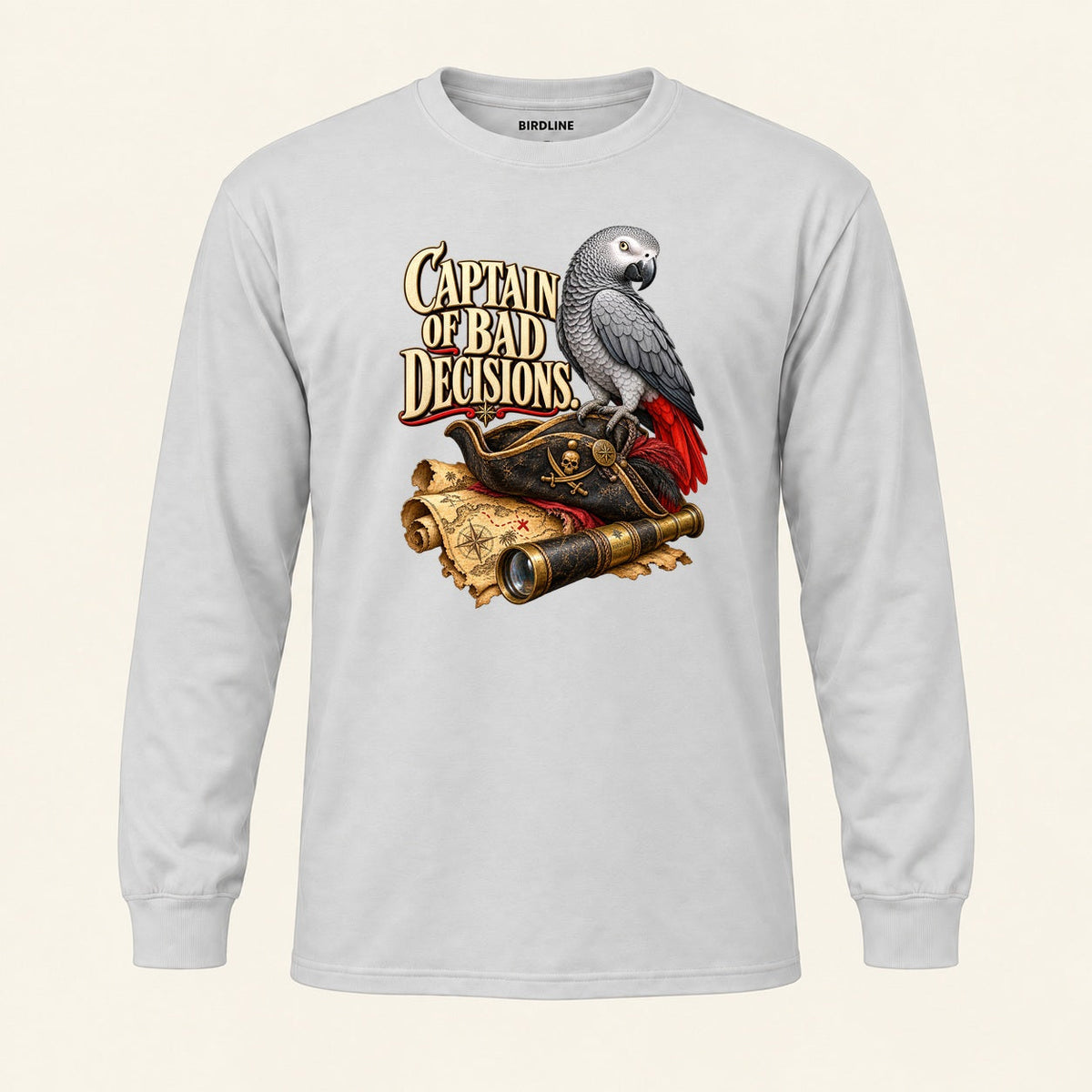 Captain Of Bad Decisions Long Sleeve Shirt in Ash, front view