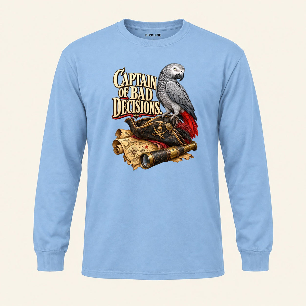 Captain Of Bad Decisions Long Sleeve Shirt in Light Blue, front view