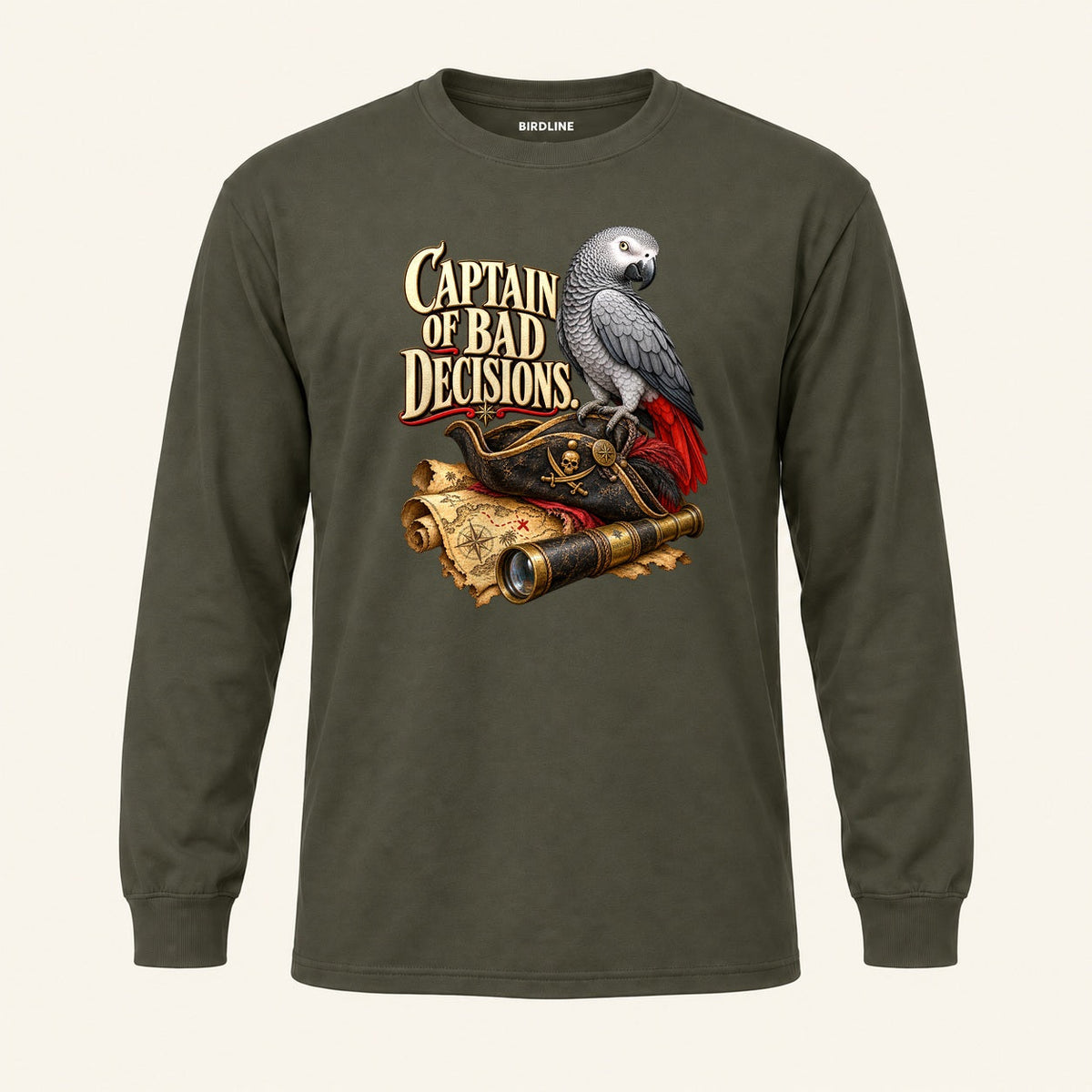 Captain Of Bad Decisions Long Sleeve Shirt in Military Green, front view