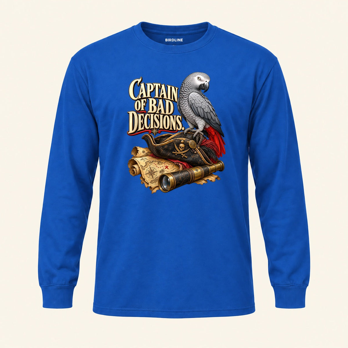 Captain Of Bad Decisions Long Sleeve Shirt in Royal, front view premium-quality garment detail