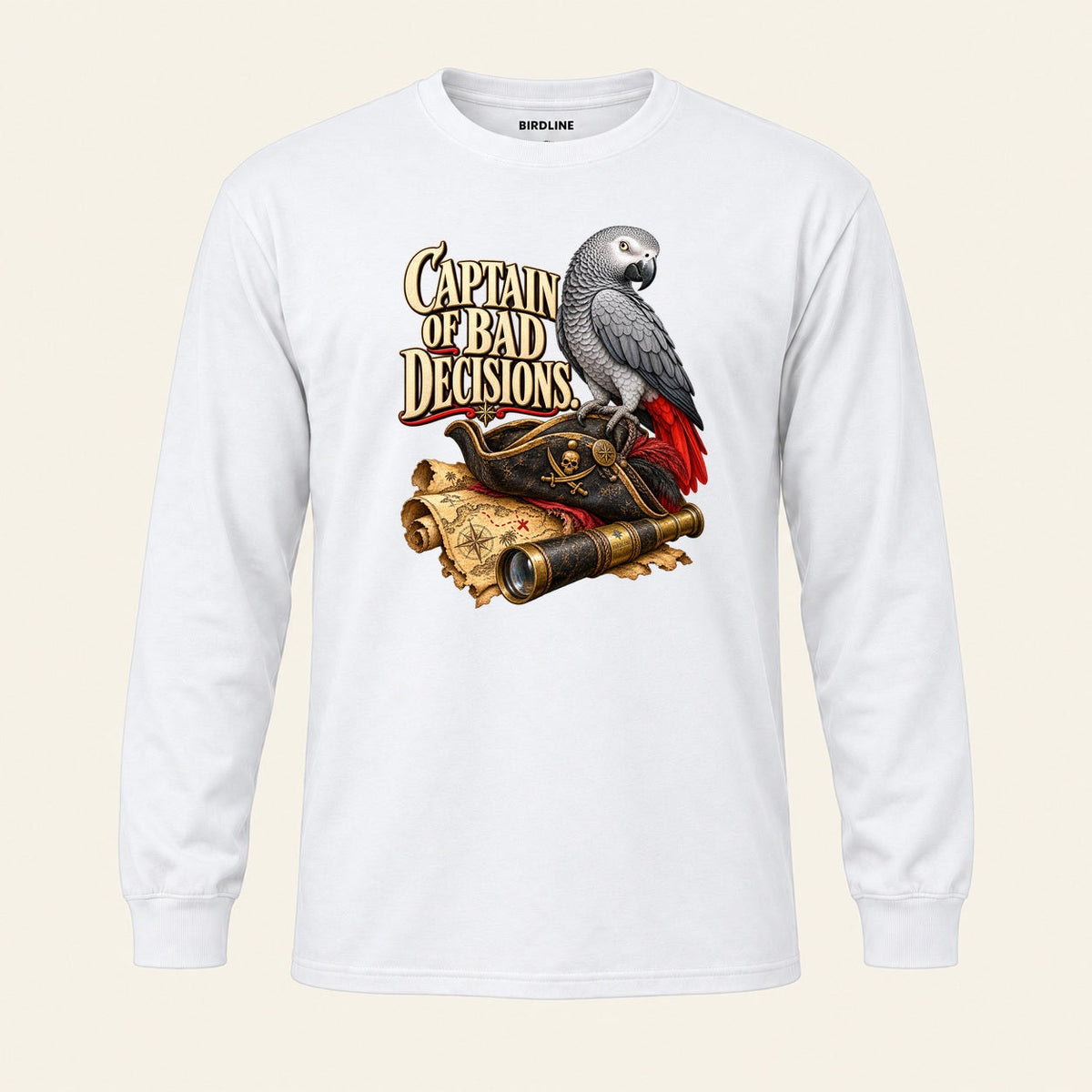 Captain Of Bad Decisions Long Sleeve Shirt in White, front view