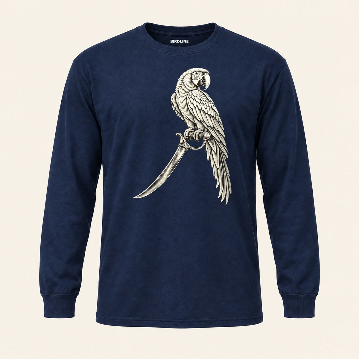 Cutlass Macaw Long Sleeve Shirt in Navy, front view premium-quality garment detail