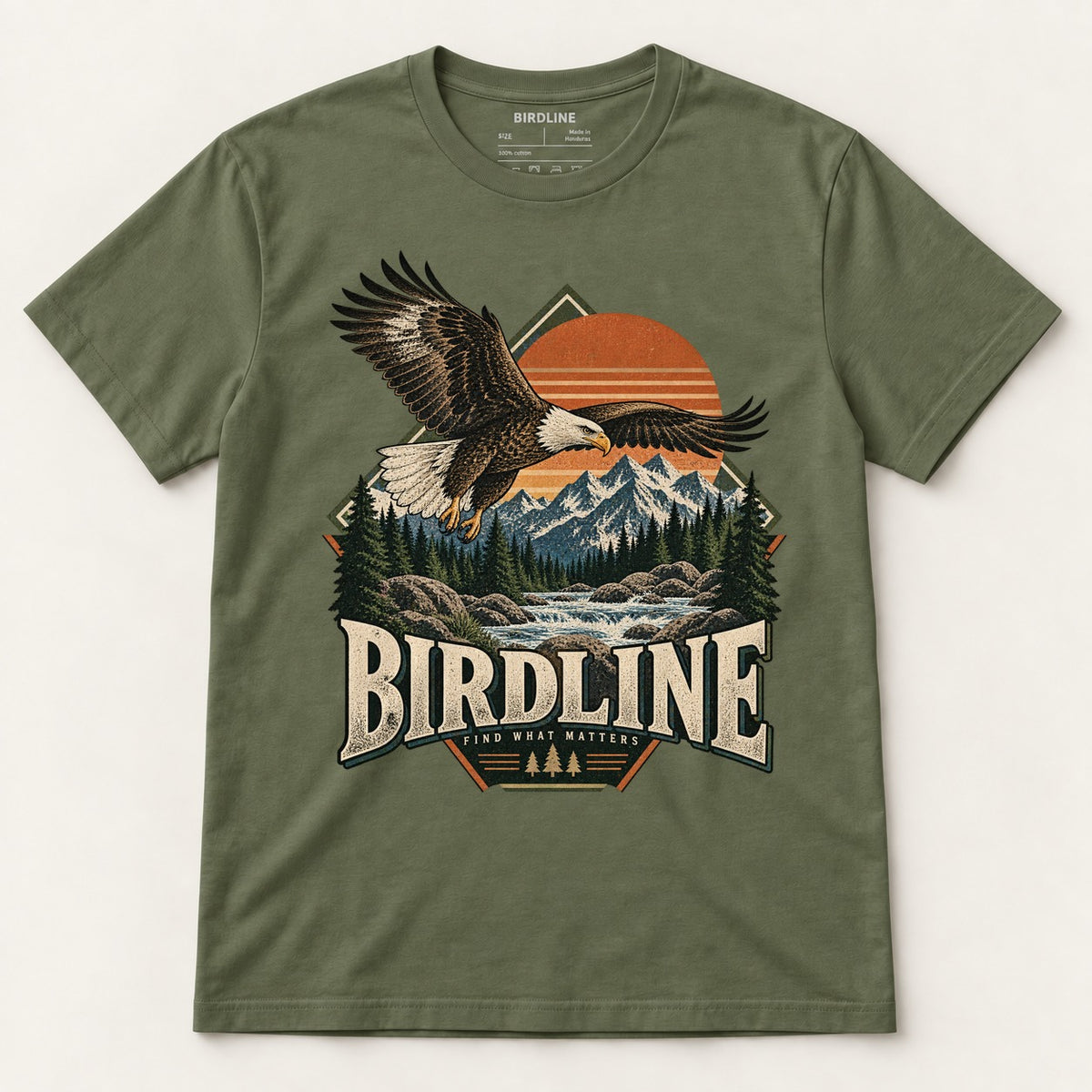 Birdline Find What Matters T-Shirt in Military Green, front view