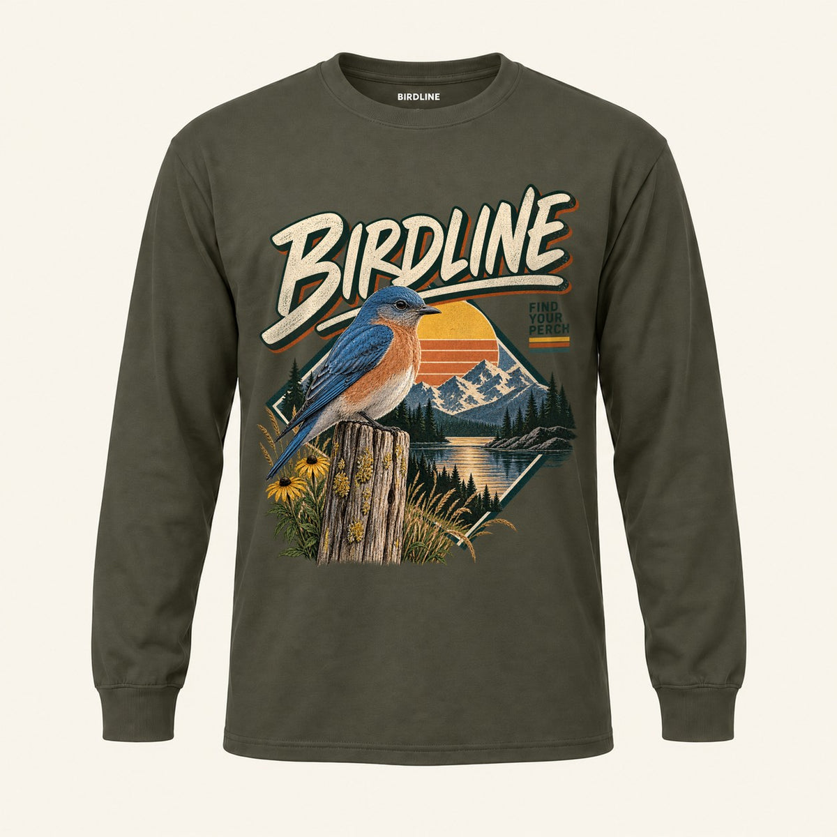 Find Your Perch Long Sleeve Shirt in Military Green, front view