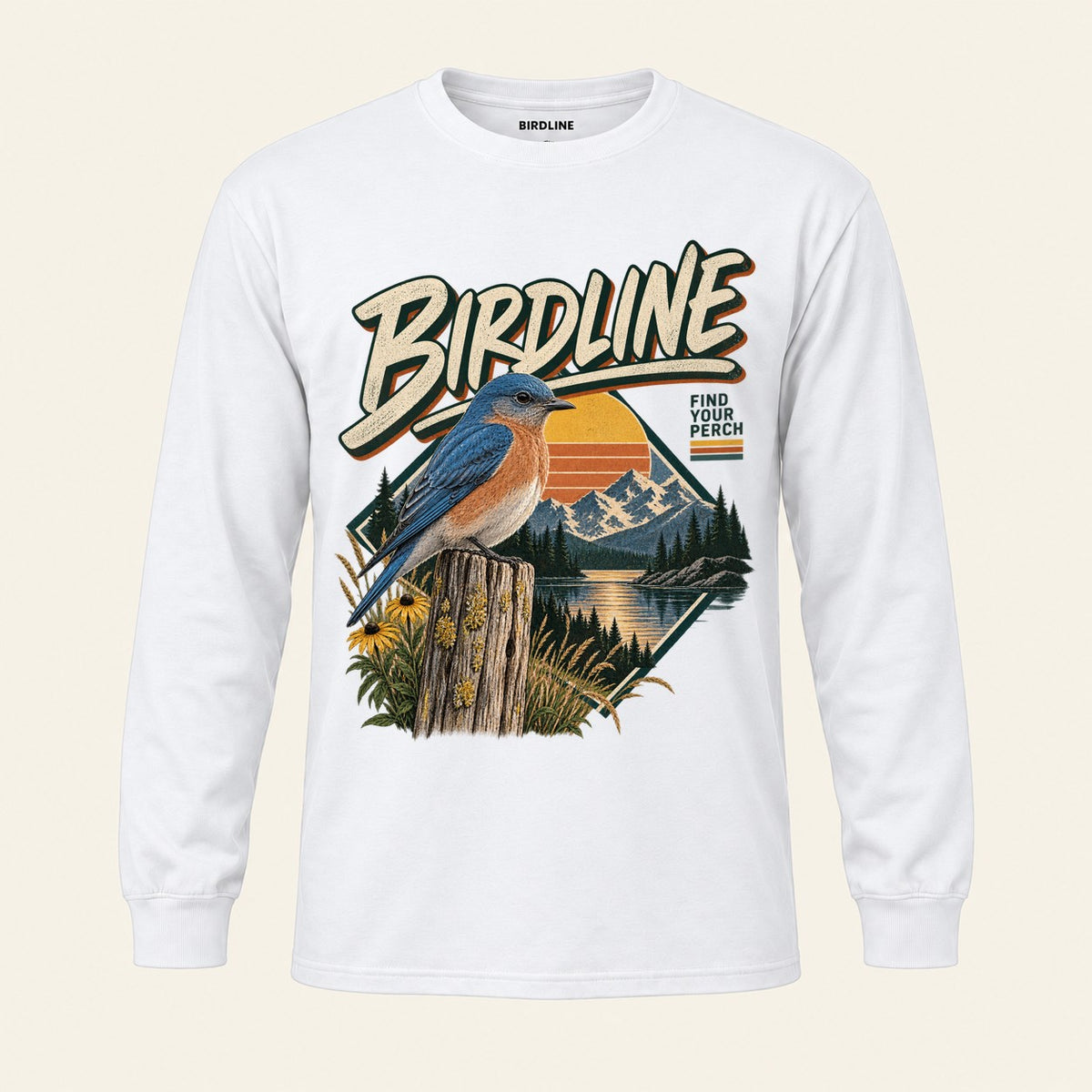 Find Your Perch Long Sleeve Shirt in White, front view