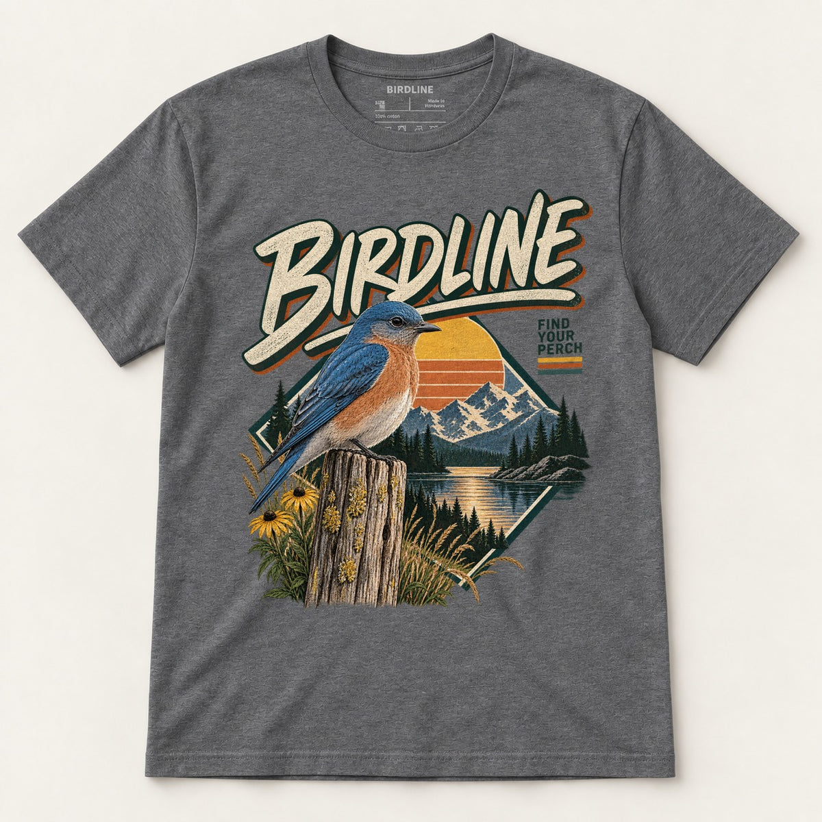 Birdline Find Your Perch T-Shirt in Dark Heather, front view