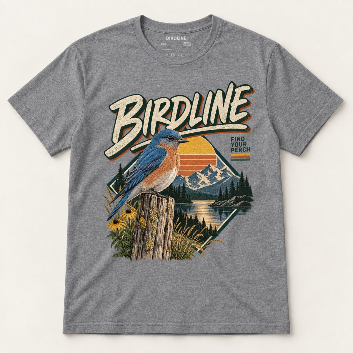 Birdline Find Your Perch T-Shirt in Graphite Heather, front view premium-quality garment detail
