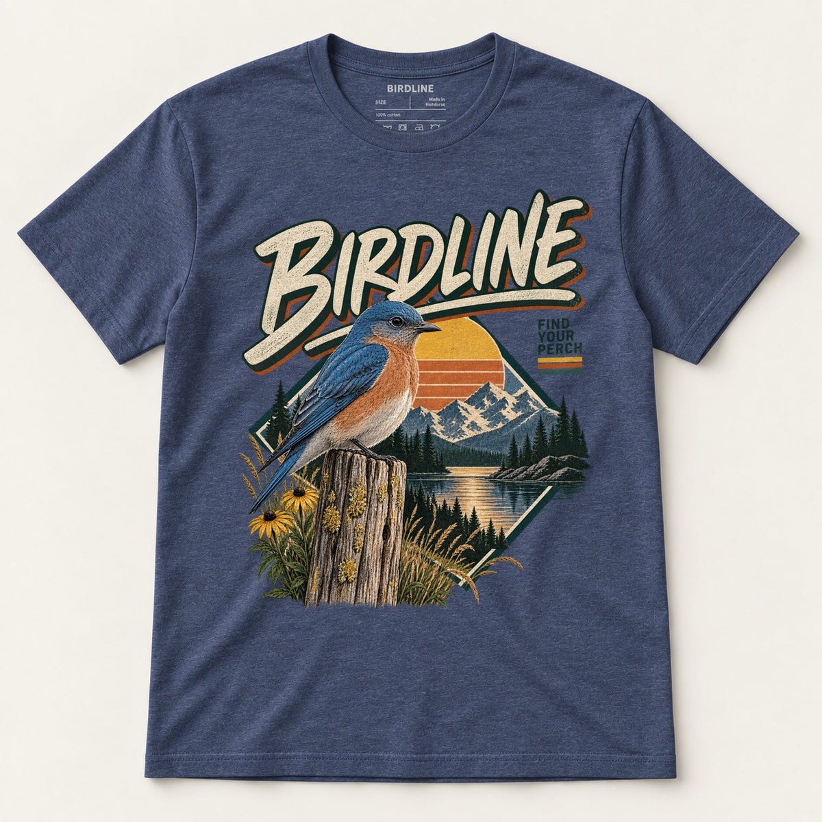 Birdline Find Your Perch T-Shirt in Heather Navy, front view