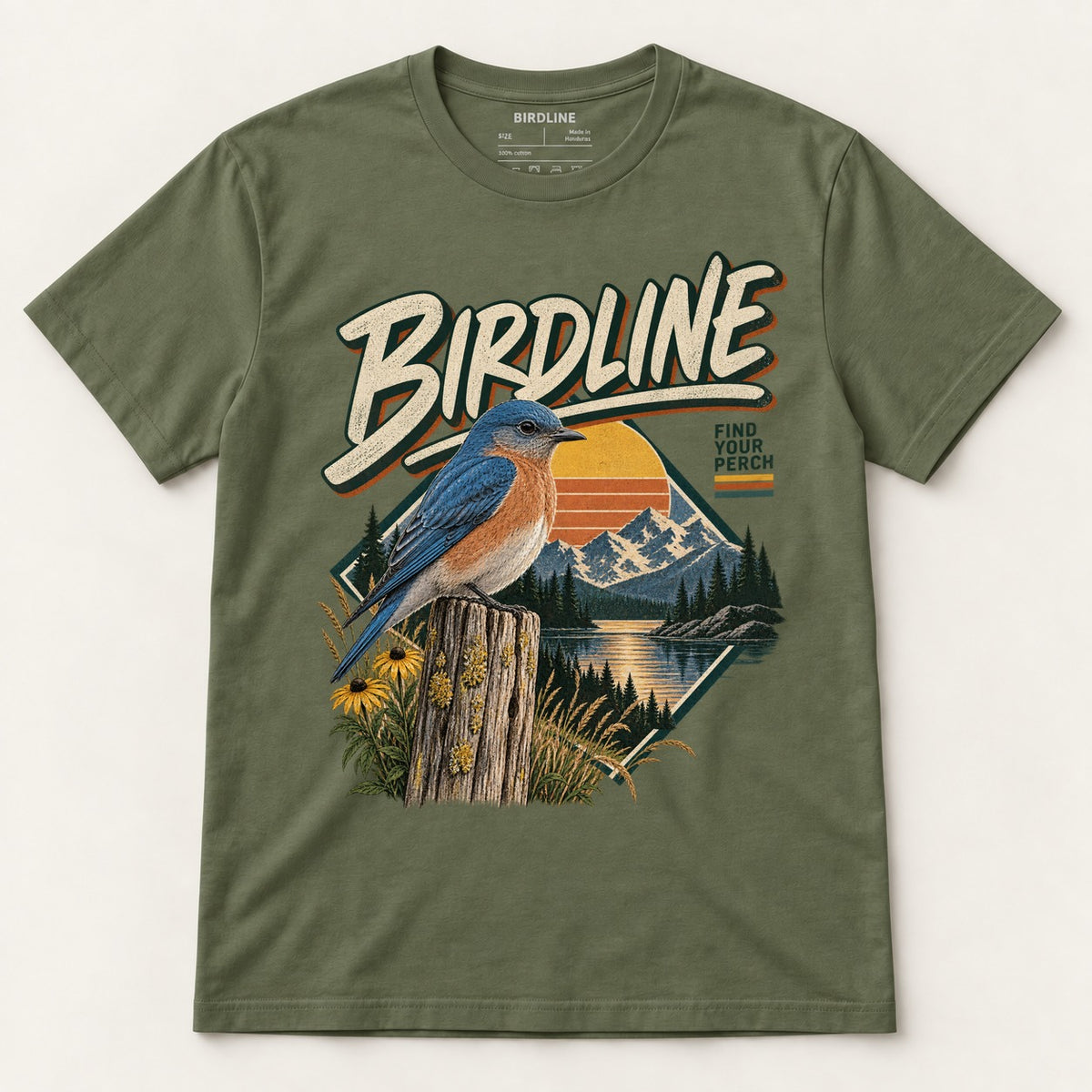 Birdline Find Your Perch T-Shirt in Military Green, front view