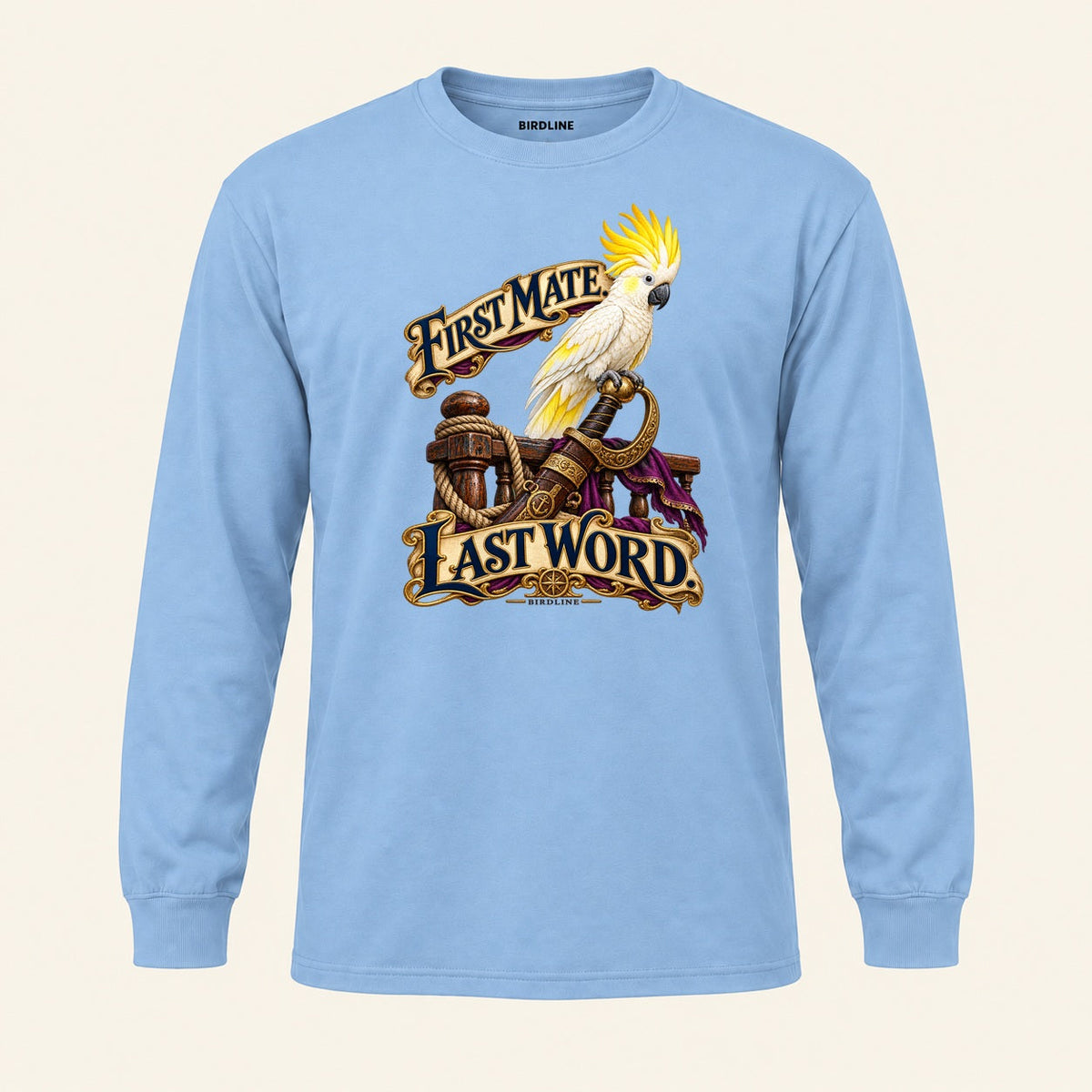 First Mate Last Word Long Sleeve Shirt in Light Blue, front view