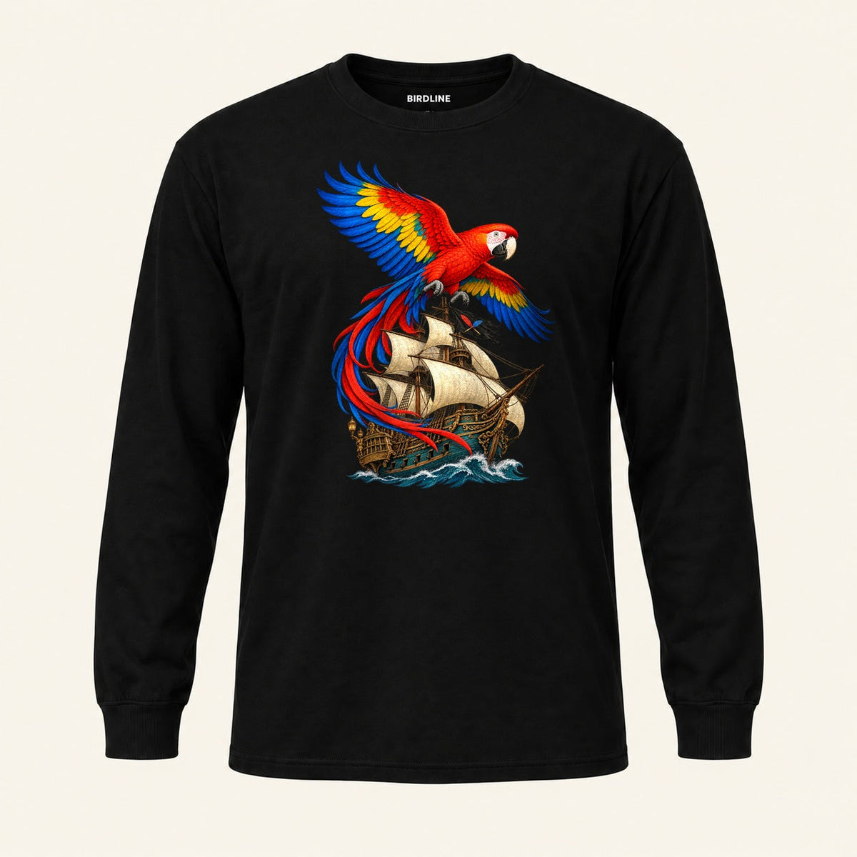 Full Sail Macaw Long Sleeve Shirt in Black, front view