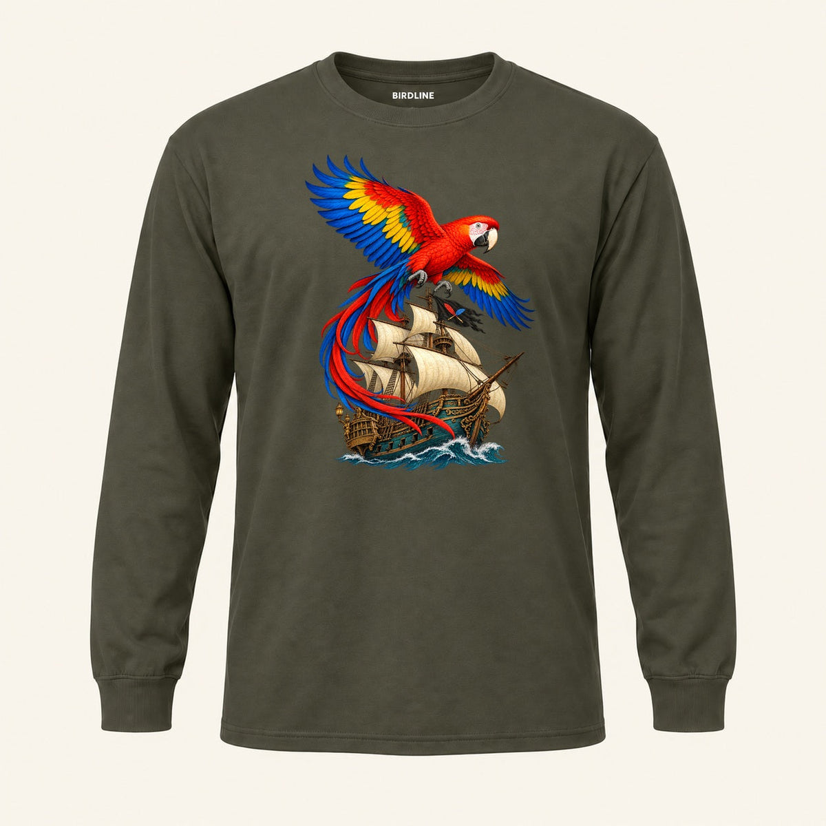 Full Sail Macaw Long Sleeve Shirt in Military Green, front view
