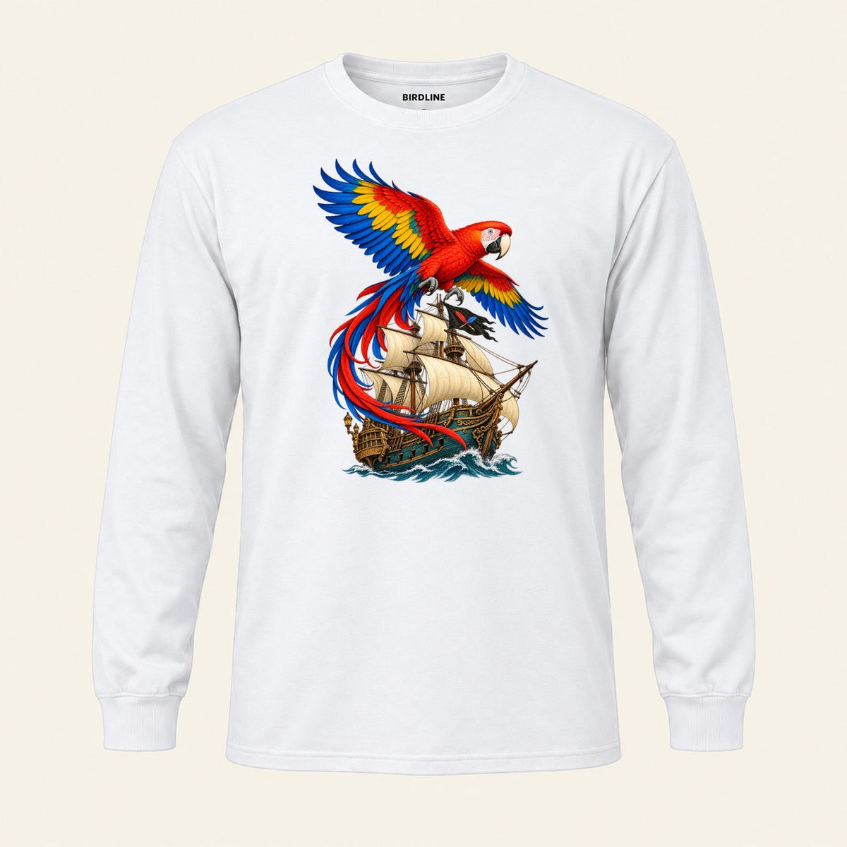 Full Sail Macaw Long Sleeve Shirt in White, front view