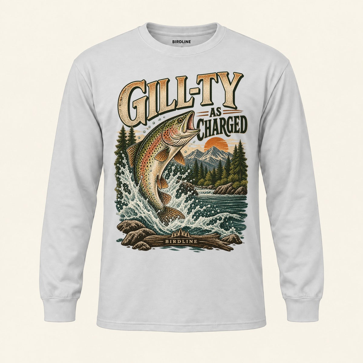 Gill-ty As Charged Long Sleeve Shirt in Ash, front view