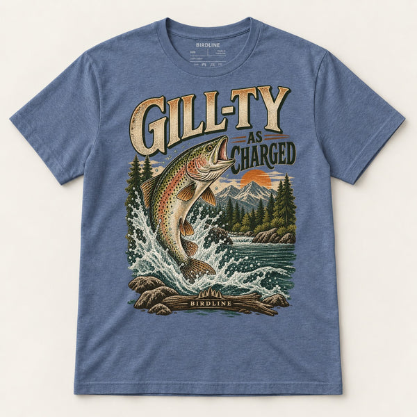 Gill-ty As Charged T-Shirt in Heather Indigo, front view
