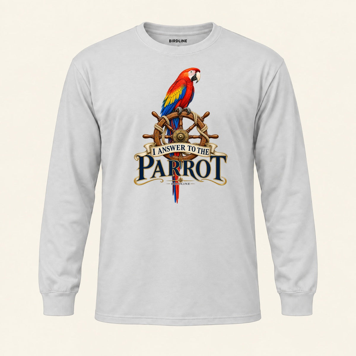 I Answer To The Parrot Long Sleeve Shirt in Ash, front view