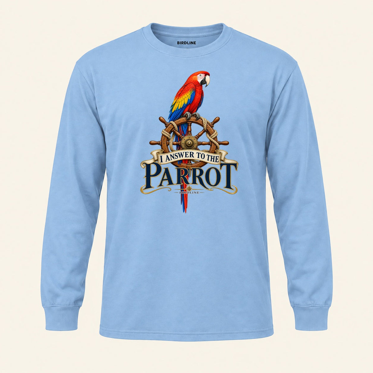 I Answer To The Parrot Long Sleeve Shirt in Light Blue, front view