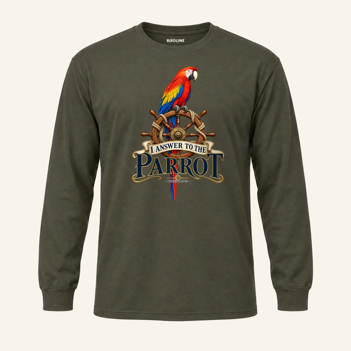 I Answer To The Parrot Long Sleeve Shirt in Military Green, front view