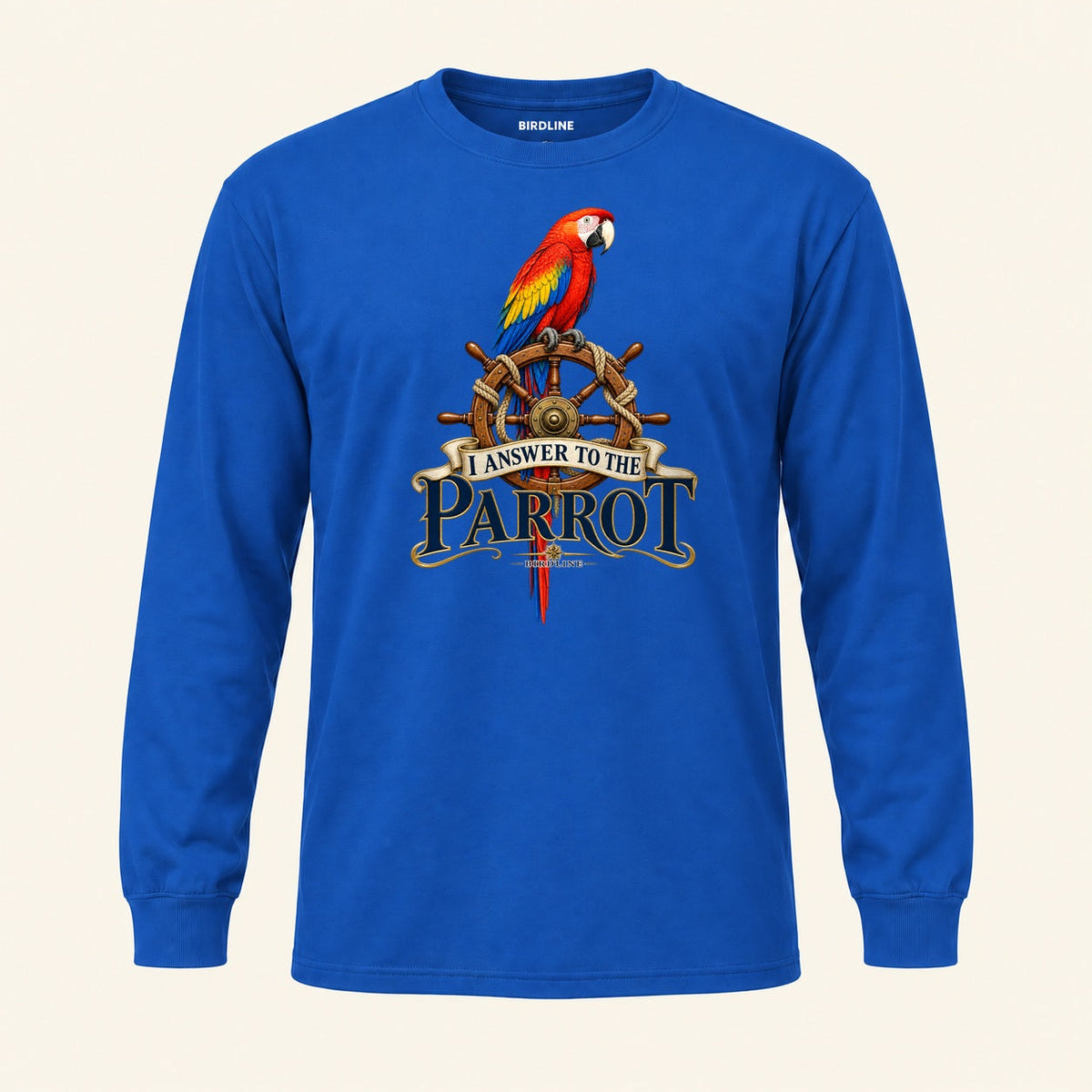 I Answer To The Parrot Long Sleeve Shirt in Royal, front view